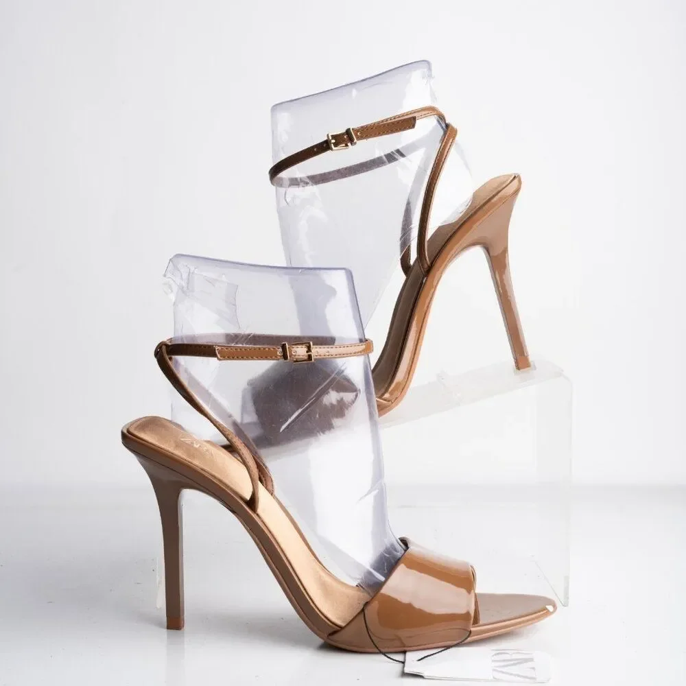 Zara Womens Glossy Mule Strappy Heels Brown US 7.5 EU 38 New with Defects - Picture 2 of 9